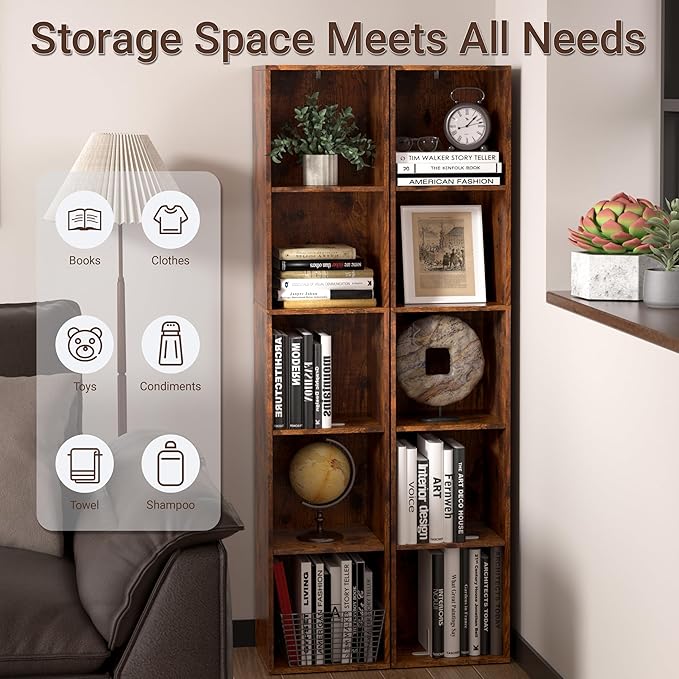 Cube Storage Organizer, 5 Cube Retro Bookshelf, Freestanding 5 Tier Open Shelf, Rustic Brown Retro Shelves for Home Office, B