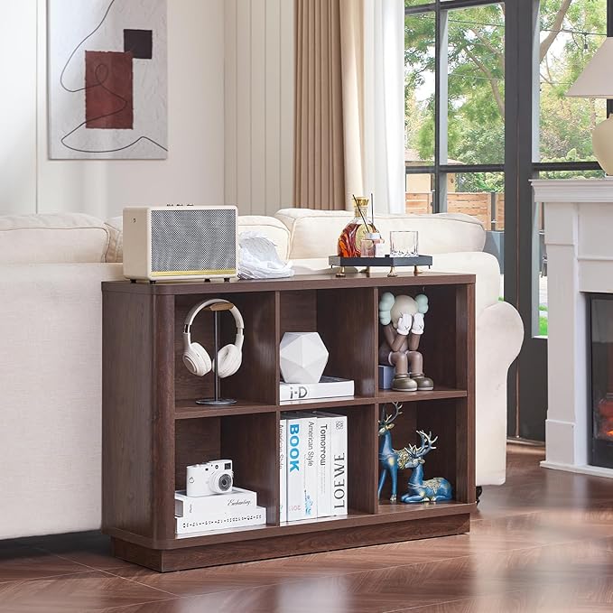 Joaxswe 6 Cube Storage Bookcase, 40" Wide Low Horizontal Book Shelf with Curved Edge, Wood Floor Standing 2-Tier Bookshelf wi