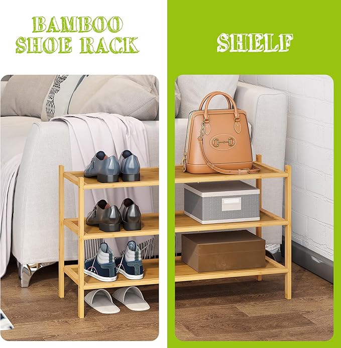 BMOSU 3-Tier Bamboo Shoe Rack Premium Stackable Shoe Shelf Storage Organizer for Hallway Closet Living Room Entryway Organize