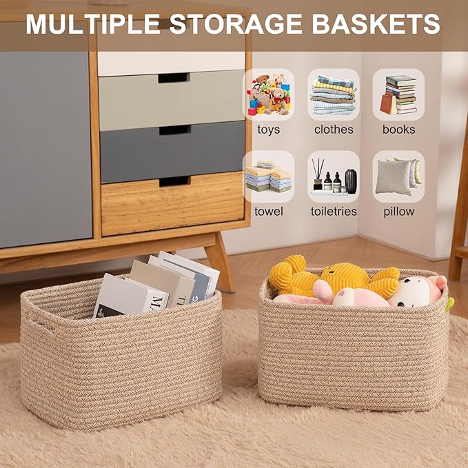 OIASKET Storage Baskets for Organizing, Woven Decorative Baskets for Shelves - Books, Towels, and Clothes, Cotton Rope Toy St