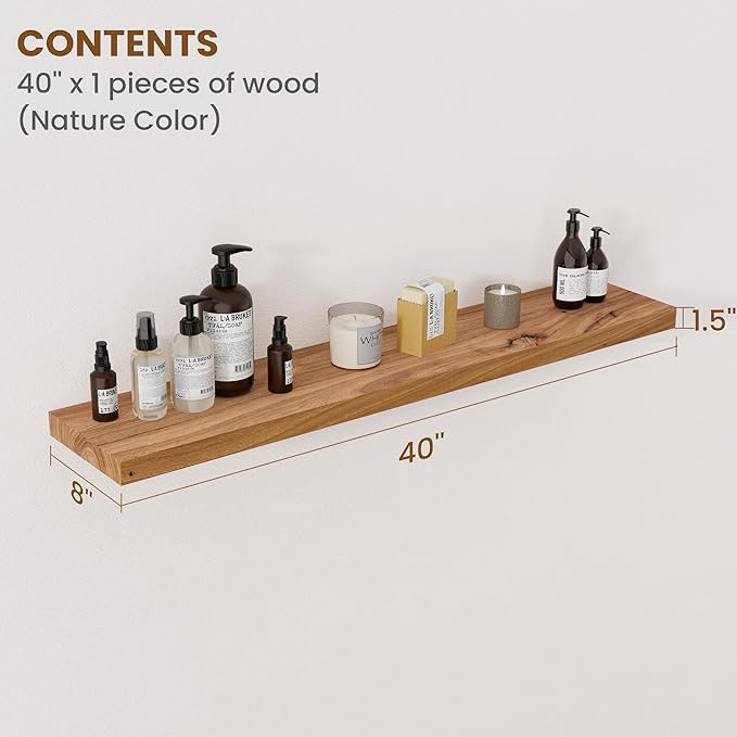 Floating Shelves for Wall Decor, 8" Deep Rustic Solid Elm Wood Floating Shelves Wall Mounted, Wall Shelves with Invisible Bra