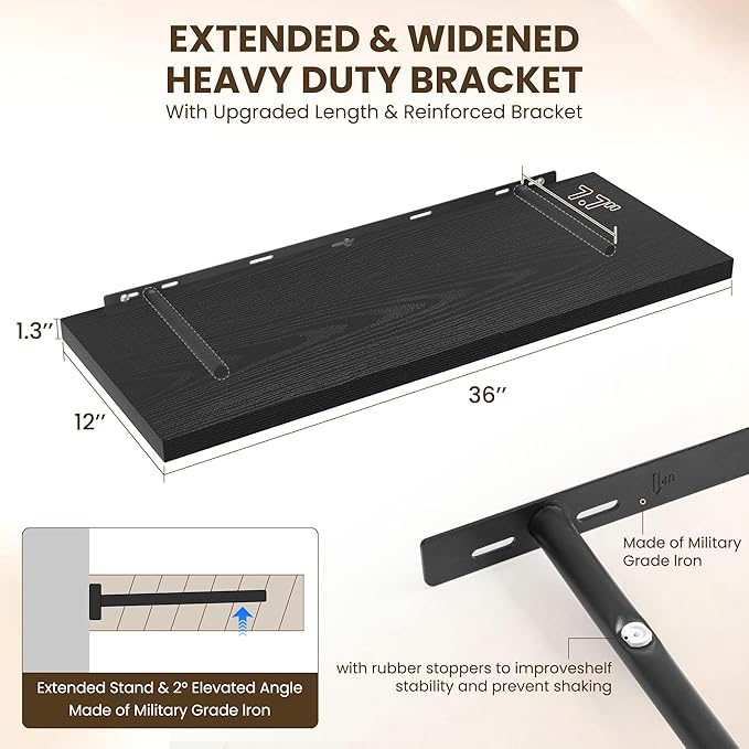 Dreamland 36" Floating Shelves for Wall, 12" Deep Slim Black Floating Shelves, Wall-Mounted Shelves for Bedroom, Living Room,