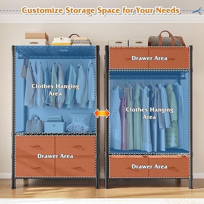 Raybee Clothes Rack, Heavy Duty Clothing Racks for Hanging Clothes, Portable Closet with 4 Drawers, Freestanding Garment Rack