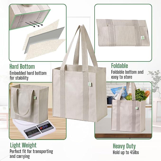 VENO 2-4 Pack Reusable Grocery shopping Bags, Medium Tote Bag w/Handle Hard Bottom, Heavy Duty, Foldable Carrier