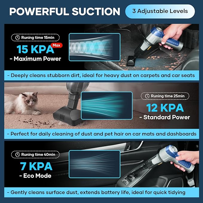 Mini Vacuum Cleaner, 3 in 1 Car Vacuum Cleaner High Power, 15000PA Powerful Suction, Air Duster, 7500mAh, Adjustable Small Va