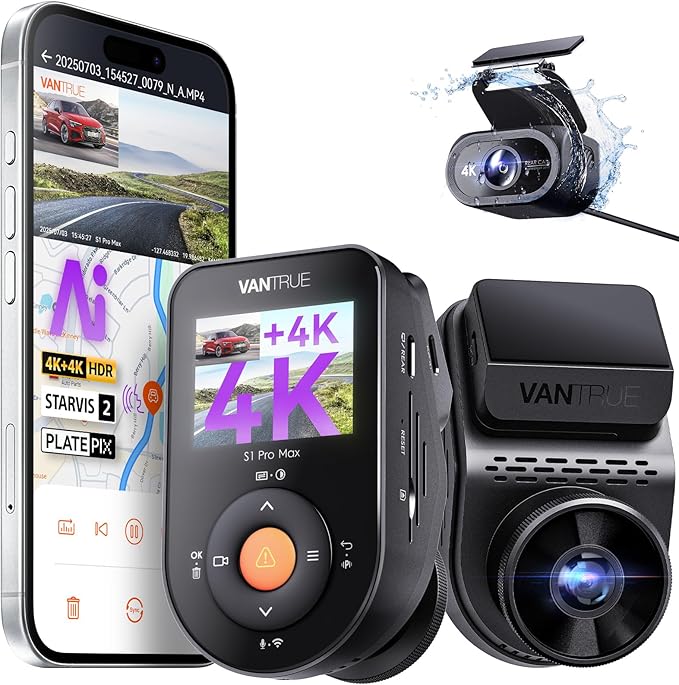 Vantrue S1 Pro Max AI Dash Cam 4K+4K w/ADAS & BSD, Dual STARVIS 2 Dash cam Front and Rear, 2 Channel HDR Dashcam, PlatePix Ni