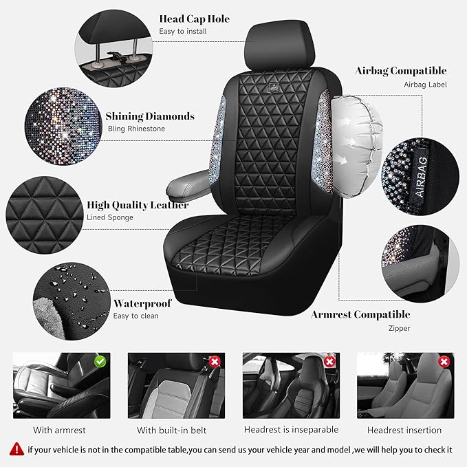 CAR PASS Bling Diamond Leather Car Seat Covers for 2 Front Interior Sets, Waterproof Shining Glitter Sparkly Crystal Universa
