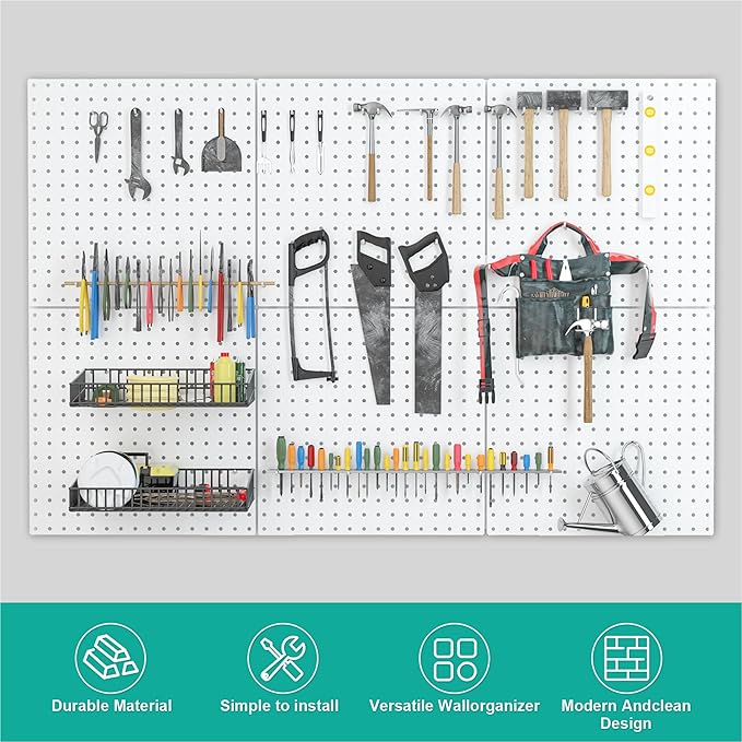 Peg Board, 16”×16”Large Heavy Duty Metal Pegboard Panels with Frame White PegBoard Display 4 Packs Peg Boards for Walls, Disp
