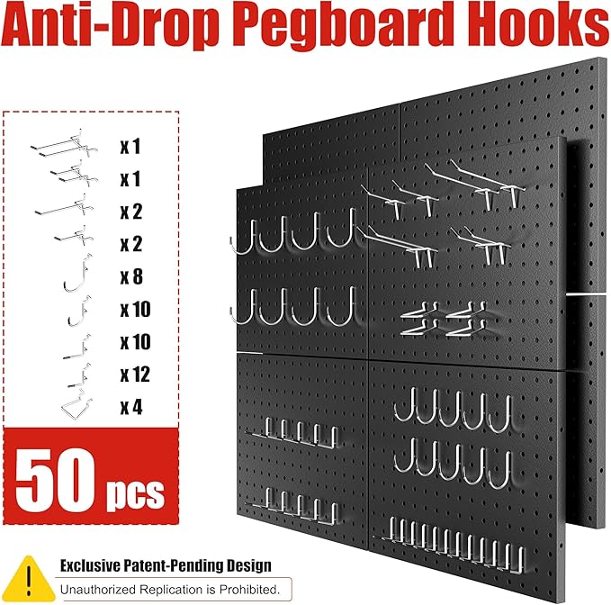 Peg Board 8 Pack Metal Pegboard Panels with 50 Hooks, Heavy Duty Pegboard Wall Organizer, Black Pegboards for Workbench, Gara