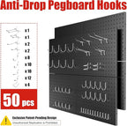 Peg Board 8 Pack Metal Pegboard Panels with 50 Hooks, Heavy Duty Pegboard Wall Organizer, Black Pegboards for Workbench, Gara