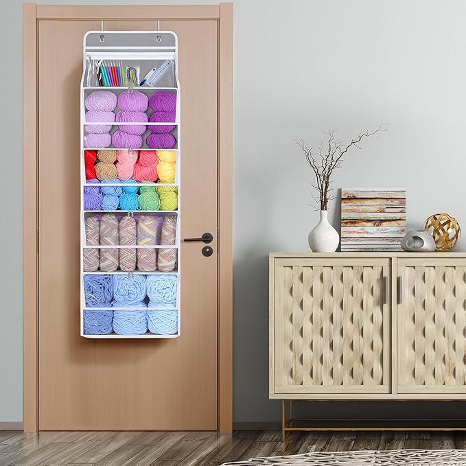 Univivi Hanging Yarn Storage Organizer with 5 Zipper Closure Compartments, Large Capacity Knitting Organizer Storage, Over th