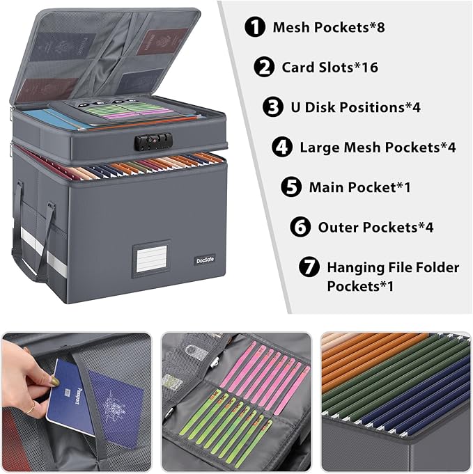 DocSafe File Box with Lock,Multi-Layer Fireproof Document Box Collapsible File Storage Organizer with Pockets/Handle,Large Po