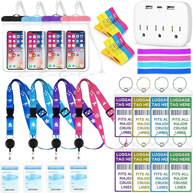 Cruise Essentials Kit Must Haves Set Include Cruise Luggage Tags Holder, Cruise Lanyards, Cruise Power Strip, Towel Bands and