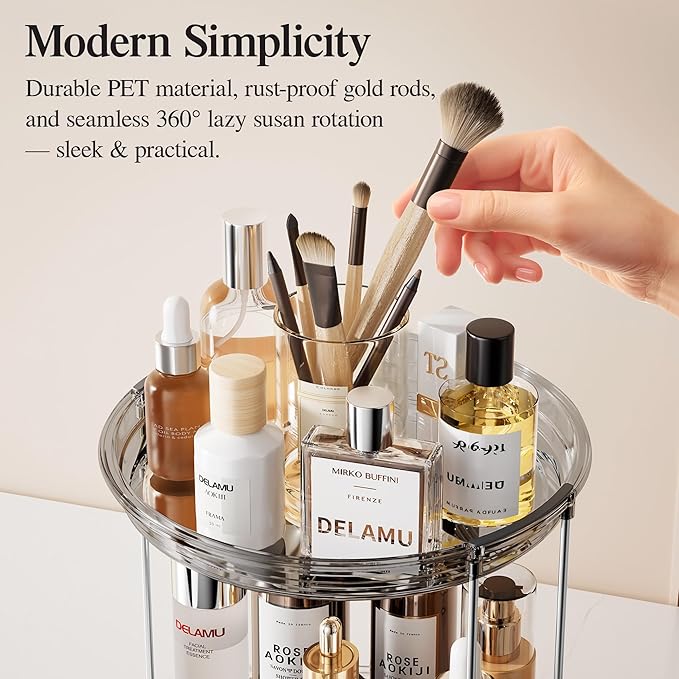 Delamu 3 Tier Rotating Makeup Organizer for Vanity, Skincare Organizer for Bathroom Counter, Spinning Perfume Organizer Cosme