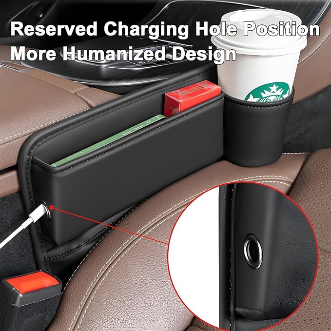 Car Seat Gap Filler Organizer, Universal Premium Leather Seat Organizer with Cup Holder, Seat Gap Storage Box with Bottle Holder, Car Gap Bag Front Center Console Seat (Driver+Passenger 2 Pack)