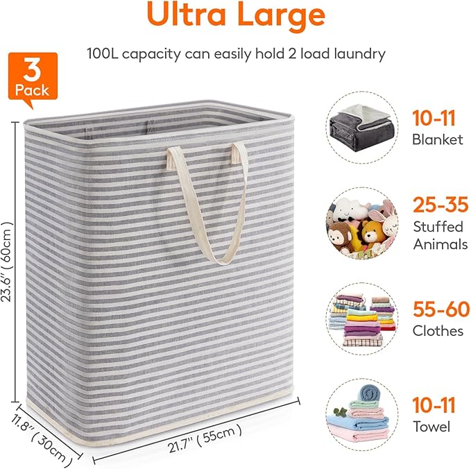 Lifewit 3 Pack Laundry Basket 100L Each, Collapsible Clothes Hamper with Reinforced Handles, Freestanding Waterproof Design f