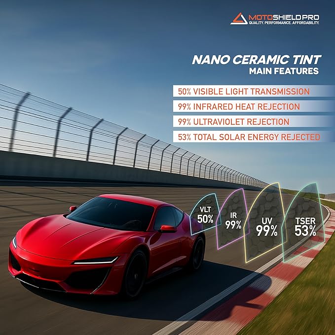 MotoShield Pro 50% VLT Nano Ceramic Window Tint for Car 30” in x 20’ ft 2PLY Roll High Heat Rejection & Glare Reduction Auto Tint Privacy Film, Rejects up to 99% IRR, 99% UV Blocking, Easy DIY Shrink