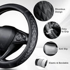 CAR PASS 3D Memory Foam Leather Car Steering Wheel Cover Set, Comfortable Rhombus Leather Center Console Armrest Cushion with Storage Bags Non-Slip 14.5-15in Car Interior Covers Sets, 4 PCS All Black