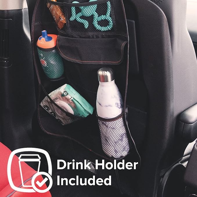Diono Stow 'n Go Car Back Seat Organizer for Kids, Kick Mat Back Seat Protector, With 7 Storage Pockets, 2 Drinks Holders, Water Resistant, Durable Material, Black (Pack of 2)