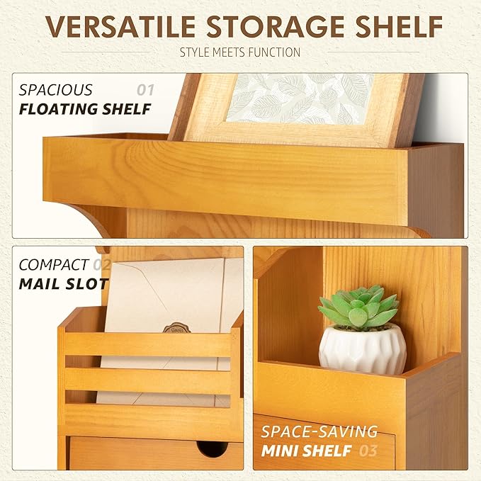 Modern Farmhouse Key Holder Wall Mount with Drawer Organizer – Pine Wooden Mail and Key Organizer with 6 Durable Hooks & Floa