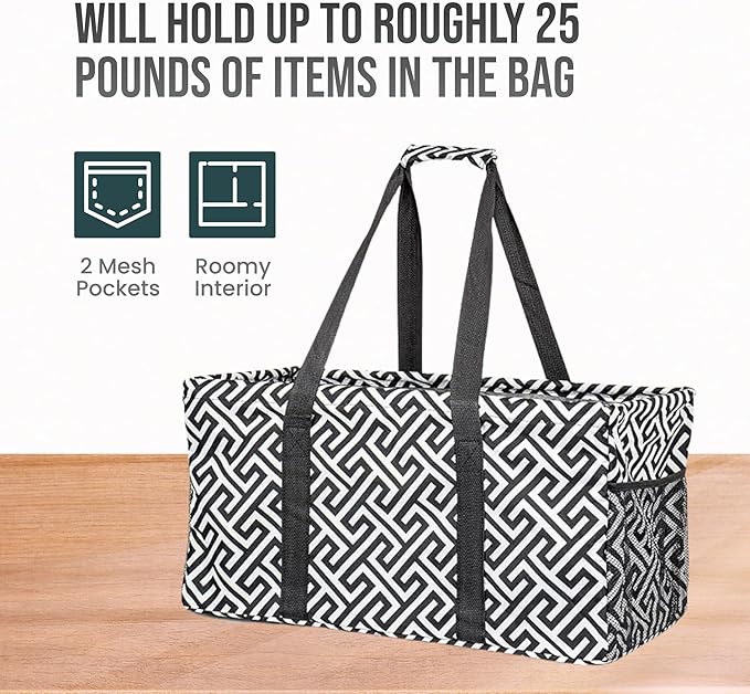 Extra Large Utility Tote Bag - Oversized Collapsible Reusable Wire Frame Rectangular Canvas Basket With Two Exterior Pockets For Beach, Pool, Laundry, Car Trunk, Storage - Geometrc Black