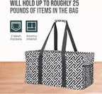 Extra Large Utility Tote Bag - Oversized Collapsible Reusable Wire Frame Rectangular Canvas Basket With Two Exterior Pockets For Beach, Pool, Laundry, Car Trunk, Storage - Geo Navy Blue