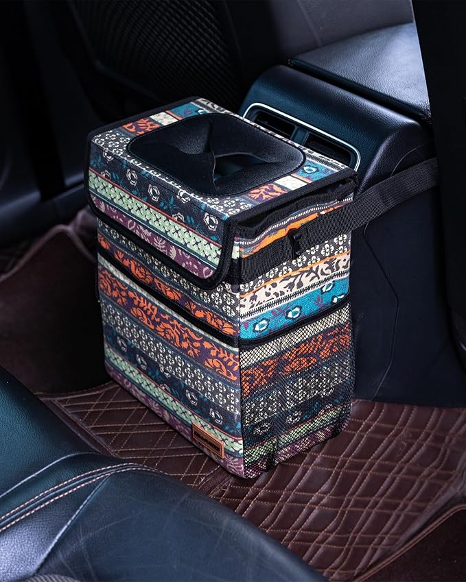 Car Garbage Can Cute - Leak-Proof Car Trash Can with Lid and Storage Pockets, Car Trash Bin for Men and Women, Boho Aztec Essentials: Must-Have Car Interior Accessories (Boho Carnival)