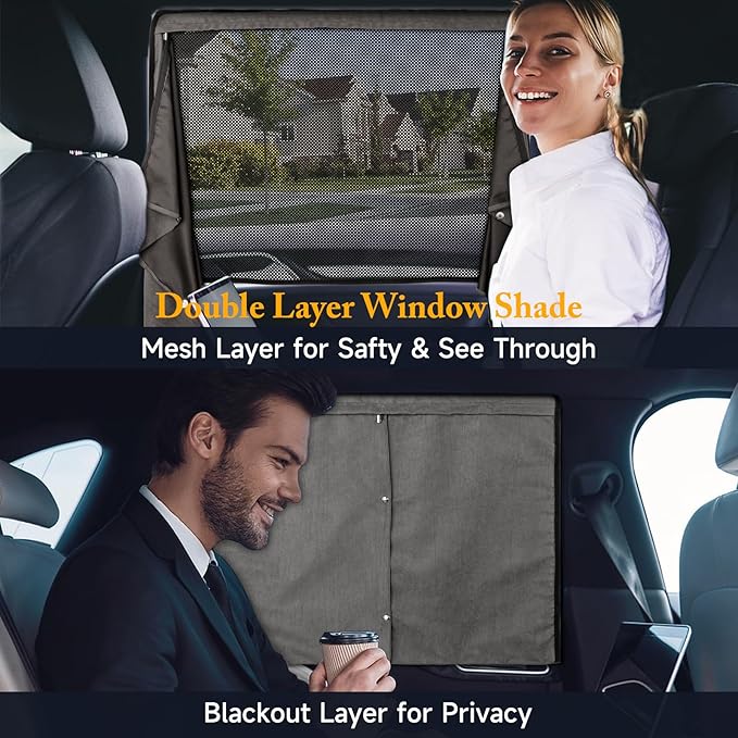 Car Window Shades, 2 Pack Suede Fabric & Dual-Layer with Zipper Magnetic Sun Shade Curtain for Back Side Windows, Universal Fit for SUV/Sedan/Truck Back Window Privacy, Blackout Sunshade for Baby