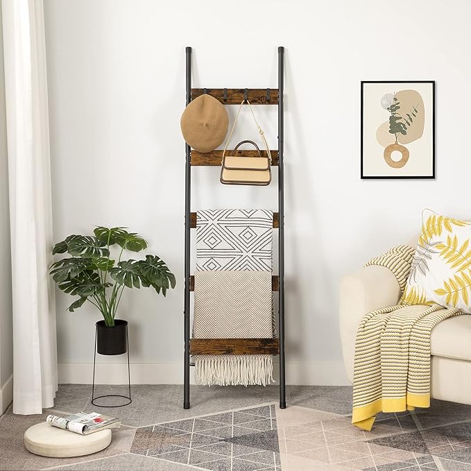 HOOBRO Blanket Ladder, Towel Rack with Hooks, Wall-Leaning Blanket Rack, Decorative Display Ladder Shelf, BF52CJ01-BF17CJ01