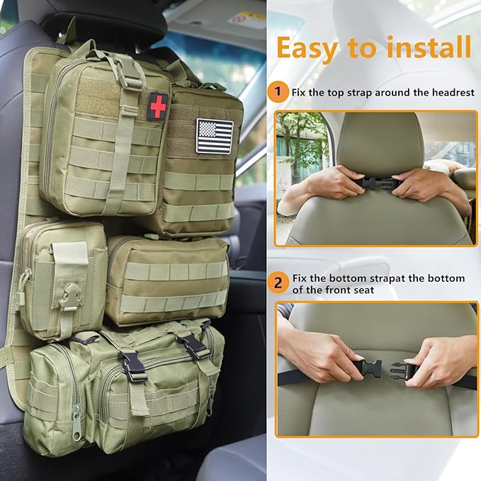 tactical car seat back organizer and storage truck seat covers with a Molle Vehicle Panel and 5 Different Size Molle Pouches for most models such as Jeep,SUV,Pickup (Army green)