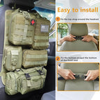 tactical car seat back organizer and storage truck seat covers with a Molle Vehicle Panel and 5 Different Size Molle Pouches for most models such as Jeep,SUV,Pickup (Army green)