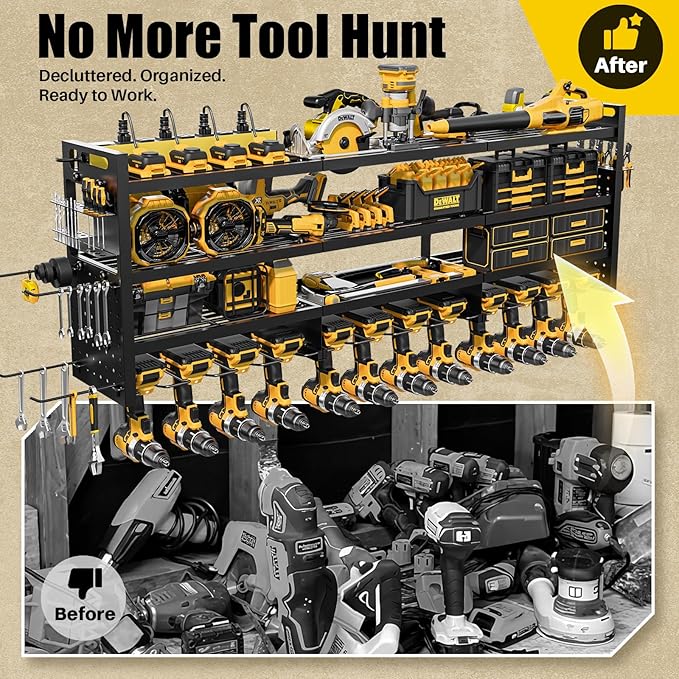 Power Tool Organizer Wall Mount | 8-Outlet TR Charging Station | Garage Storage Rack with Cordless Drill Holder | Heavy Duty 