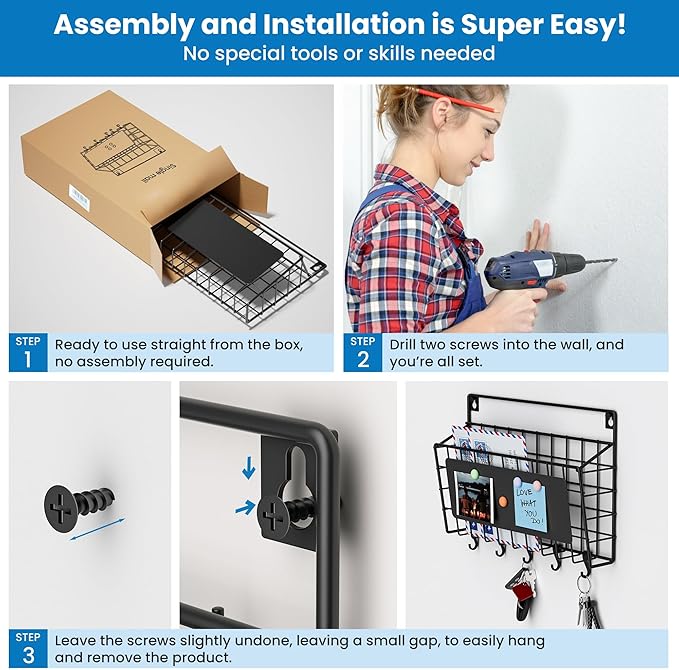 Easy Assembly and Installation Iron Key Holder Wall Mount, Mail Organizer for Wall, Matte Black Finish, Extra Large Storage S