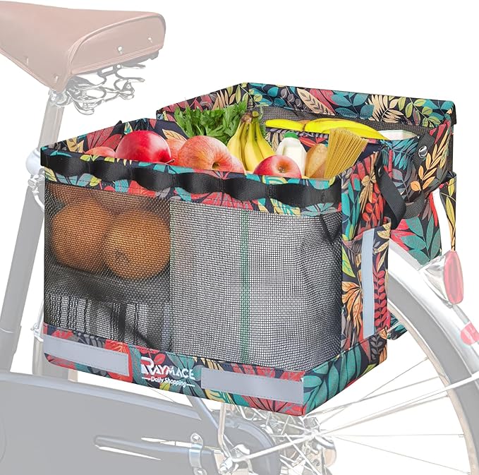 RAYMACE 2Pack Bike Grocery Panniers for Bicycles and Ebikes,Bike Rack Bags with Reflective Spots and Side Pockets,Folding Bike Basket Fits for Most Rear Racks (Leaf)