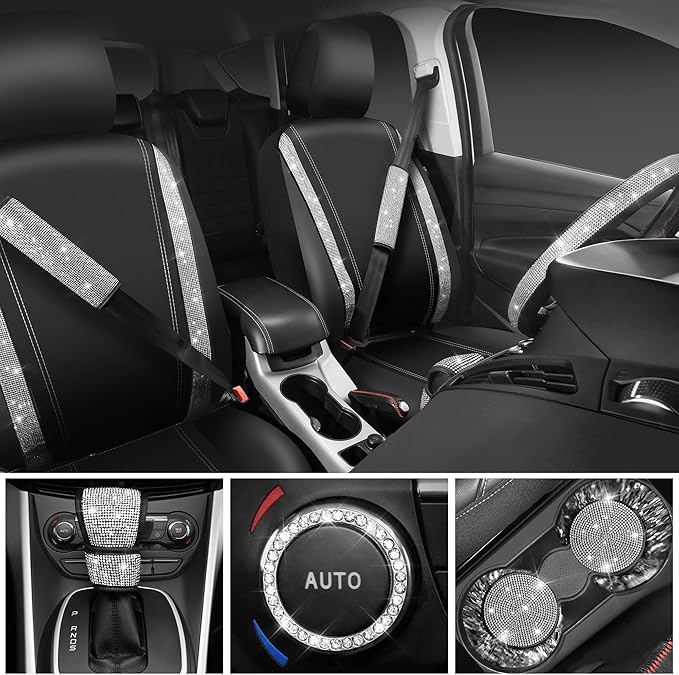 CAR PASS Bling Diamond Leather Car Seat Covers Sets 11 pcs,Bling Diamond Car Accessories for Women, Sparkly Rhinestone Steeri