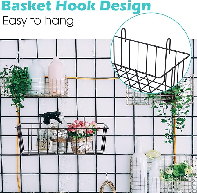 10 PCS Hanging Wire Baskets for Organizing - Hanging Metal Basket Storage with Wall Grid Panel, Rust-Resistant Iron for Kitch