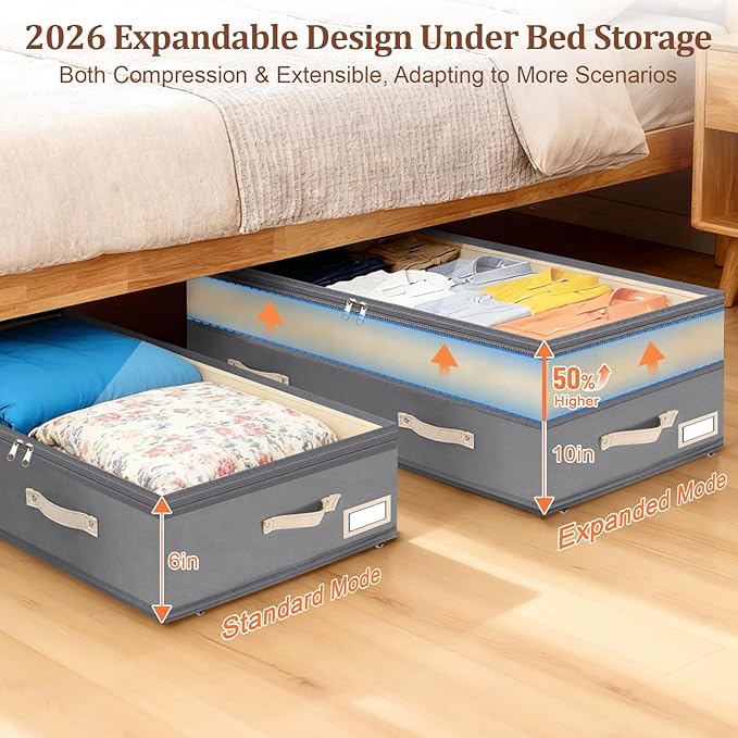 Dolicer 4 Pack 92L Under Bed Storage with Wheels, 6in-10in Height Adjustable Underbed Storage Containers (Grey & Green)