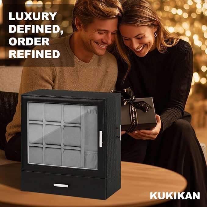 9-Slot Watch Display Case with Necklace Display, High End Men Jewelry Box w/ Drawer, Standing Watch Box for Men w/ Clear Lid,