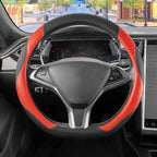 SEG Direct D Shaped Steering Wheel Cover, Flat Bottom Car Wheel Cover 14 1/2-15 in. (37-39 cm), Black and Red Microfiber Leat