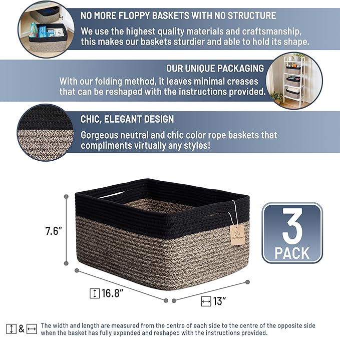 NaturalCozy Storage Baskets 16.8”x13”x7.6” Cotton Rope Woven Baskets for Organizing 3-Pack | Toy Storage Bins | Basket for Sh