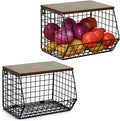 Wetheny 2pcs Fruit Basket Onion Storage Wire Basket with Wood Top- Wall Mounted & Stackable Kitchen Counter Organizer,Cabinet