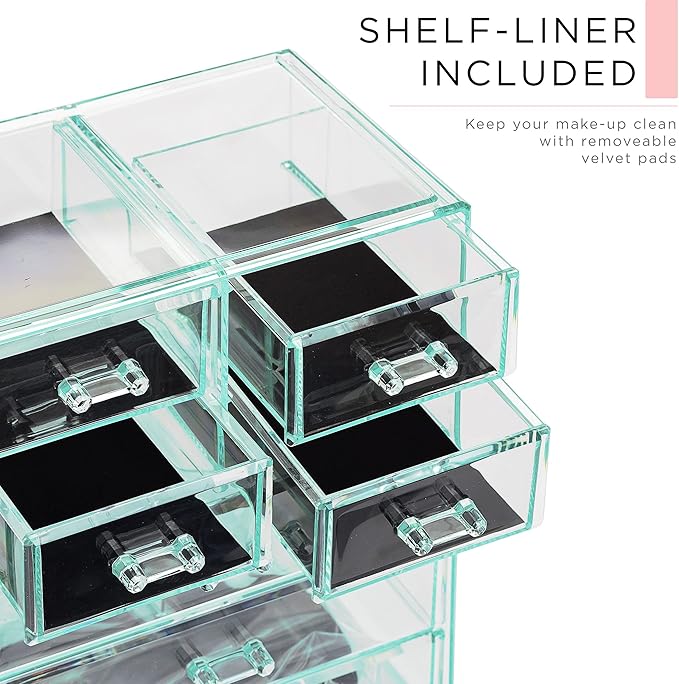Sorbus Acrylic Makeup Organizer Set, 7-Drawer Vanity & Countertop Cosmetic Storage with Small & Wide Compartments, Teal Thril