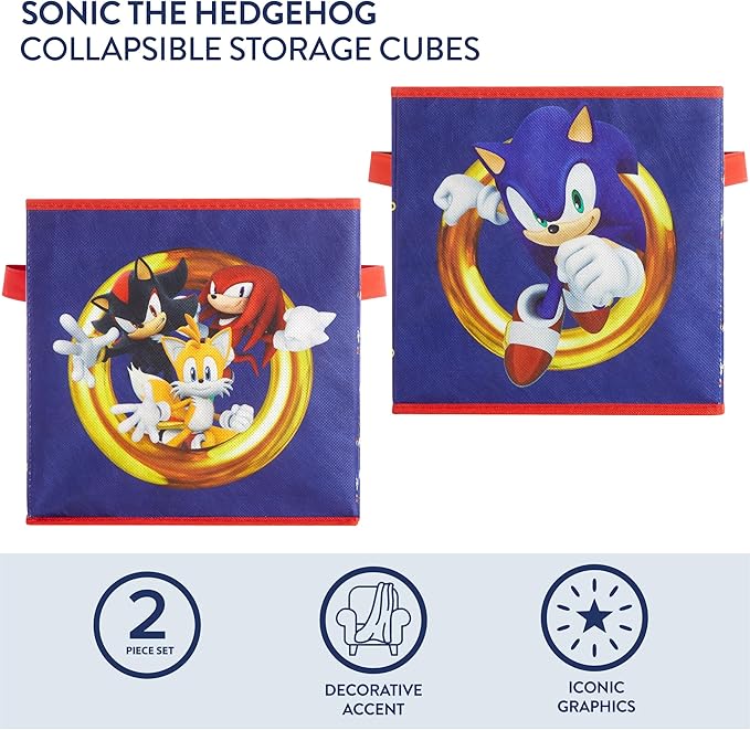 Sonic the Hedgehog Set of 2 Durable Storage Cubes with Handles, 10"x10"x10" Cubes
