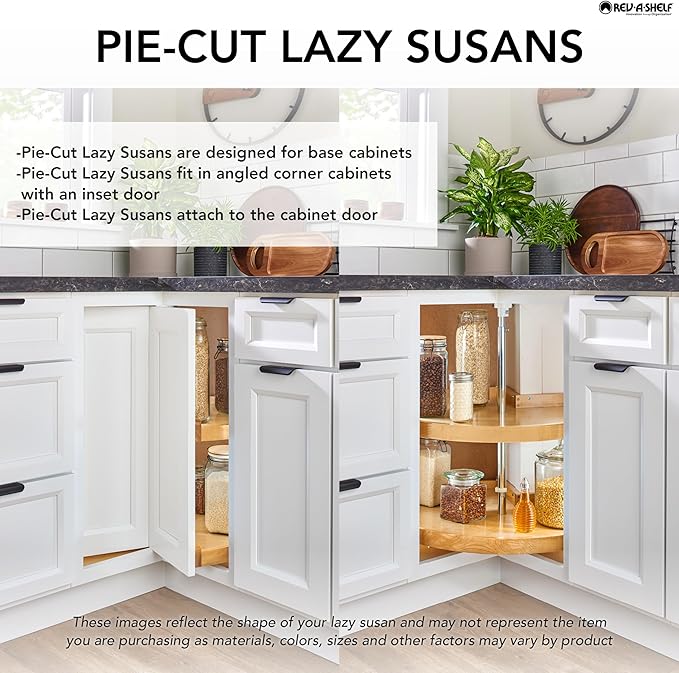 Rev-A-Shelf 18" Pie-Cut Dual Tier Lazy Susan Organizer for Corner Wall Kitchen Cabinets, Plastic Home Rotating Storage Shelve