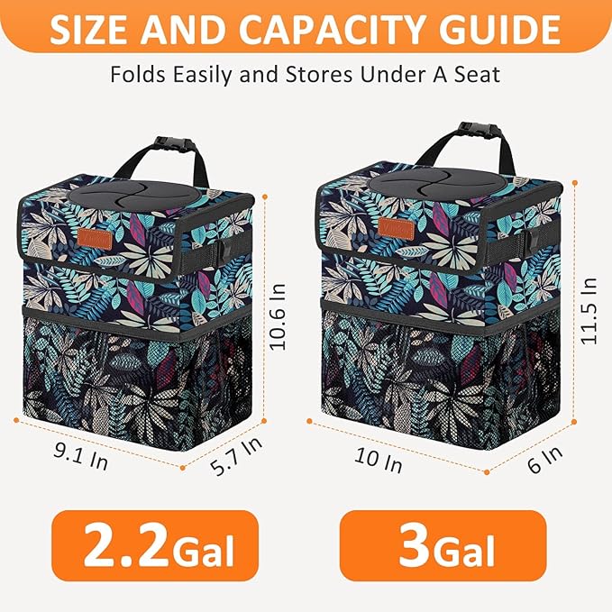 3 Gallons Car Trash Can with Lid, Bag Bin Hanging Waterproof Automotive Car Garbage Cans Leak Proof Vehicle Trash Can for Truck SUV,Colorful Leaves