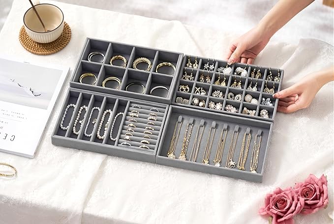 Velvet Jewelry Drawer Organizer Trays – Grey Stackable Jewelry Storage Inserts Set, 4-Layer Jewelry Tray Set for Earrings, Ri