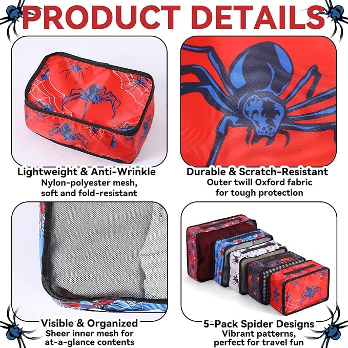 5 Pcs Spider Packing Cubes Set for Travel Spider Travel Bags Accessories Luggage Organizer for Adults Trips Holidays Hiking C