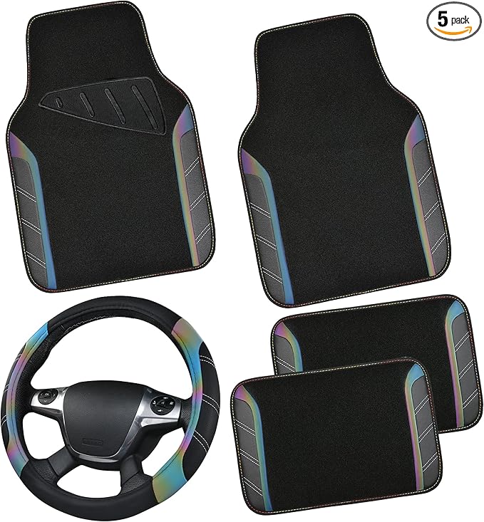 CAR PASS Leather Steering Wheel Cover and Waterproof Car Floor Mats,Microfiber Universal Car Combo Fit for 95% Sedan,SUV,Cars