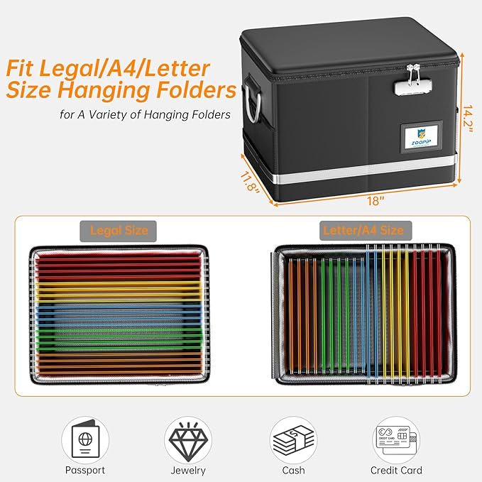 Fireproof Document Box,5200°F File Organizer Box with Lock,Foldable Filing Organizer Cabinet, Portable Safe Storage for Hangi