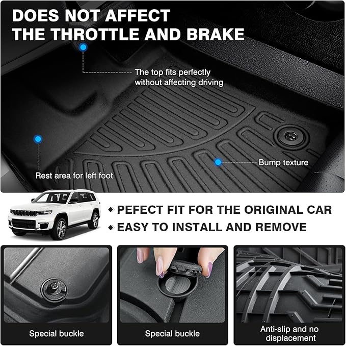 Powerty Floor Mats for 2021-2025 2026 Jeep Grand Cherokee L 6 Seats Accessories All Weather Floor Liner 3D TPE 3rd Row Floor Mat Heavy-Duty Floor Liners
